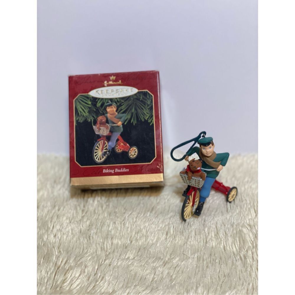 Hallmark Keepsake 1997 Biking Buddies ornament Boy Puppy Dog Basket Red tricycle
